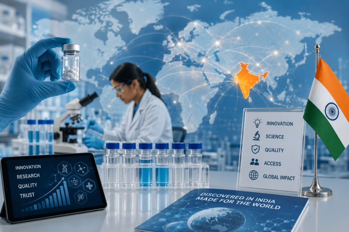 Indian pharmaceutical scientist in a modern research laboratory with a global network map, representing India's global pharma brand strategy and pharmaceutical innovation.