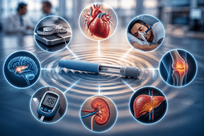 glp1-therapeutic-area-strategy-healthcare-marketing GLP-1 injection pen creating ripple effects across multiple therapeutic areas including cardiovascular health, diabetes, sleep medicine, orthopedics, kidney disease, and liver health.