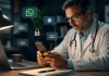 The Dark Social Doctor: Pharma’s Biggest HCP Audience You Can’t See Doctor reviewing clinical information on a smartphone while secure messaging icons represent private HCP dark social conversations and peer-to-peer medical communication.