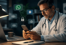 The Dark Social Doctor: Pharma’s Biggest HCP Audience You Can’t See Doctor reviewing clinical information on a smartphone while secure messaging icons represent private HCP dark social conversations and peer-to-peer medical communication.