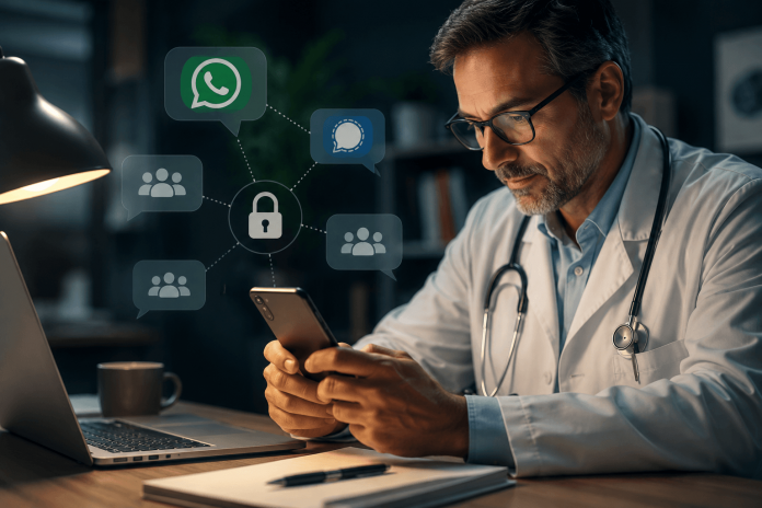 hcp-dark-social-hidden-doctor-networks-pharma-marketing Doctor reviewing clinical information on a smartphone while secure messaging icons represent private HCP dark social conversations and peer-to-peer medical communication.