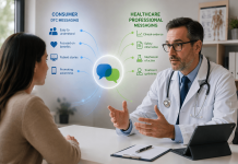 The HCP-DTC Divide: Why Pharma’s Biggest Communication Failure Happens Inside the Exam Room Doctor and patient discussing treatment in a modern exam room with visual elements representing aligned healthcare professional and direct-to-consumer pharmaceutical communication.
