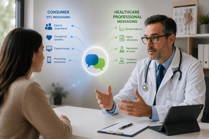 hcp-dtc-synergy-exam-room-communication Doctor and patient discussing treatment in a modern exam room with visual elements representing aligned healthcare professional and direct-to-consumer pharmaceutical communication.