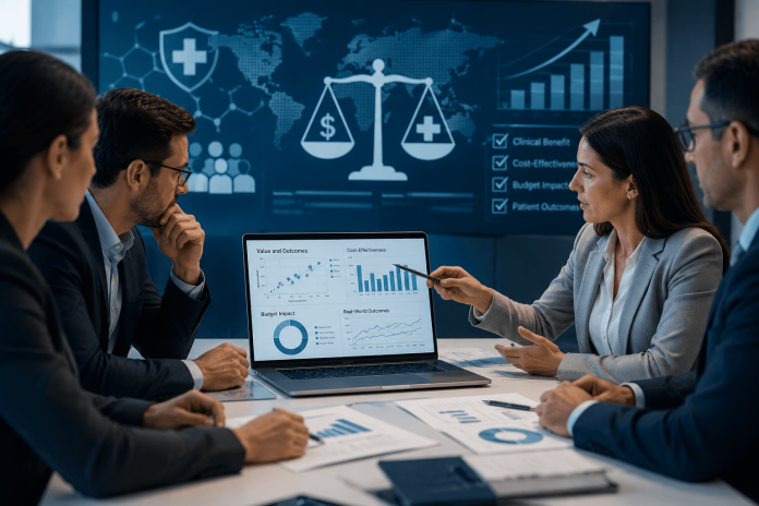 health-technology-assessment-marketing Pharmaceutical market access professionals reviewing health technology assessment data, reimbursement models, and value-based pricing strategies during a strategic planning meeting.