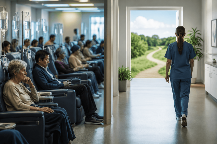 healthcare-capacity-marketing-capacity-crisis Healthcare professionals managing patient flow in a busy infusion center, illustrating healthcare capacity challenges affecting patient access to innovative therapies.