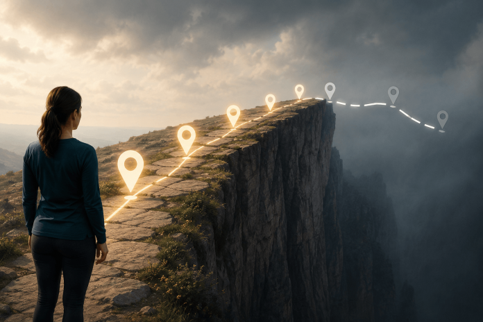 long-term-adherence-marketing-adherence-cliff Healthcare professional reviewing a long-term patient engagement strategy with a patient journey timeline illustrating treatment adherence beyond the first year.