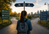 The 18th Birthday Cliff: The Marketing Problem Pharma Isn’t Talking About Young adult standing at a crossroads between pediatric and adult healthcare, symbolizing the transition to independent care and the importance of a patient lifecycle strategy.