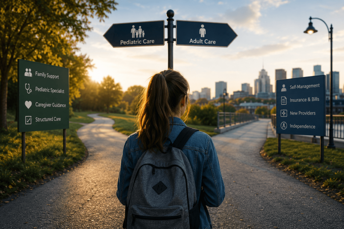 patient-lifecycle-strategy-18th-birthday-cliff-transition-to-adult-care Young adult standing at a crossroads between pediatric and adult healthcare, symbolizing the transition to independent care and the importance of a patient lifecycle strategy.