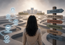 The Navigation Gap: Why Patients Still Get Lost After Diagnosis Patient navigating a complex healthcare journey with digital guidance, care coordination, insurance approvals, specialist referrals, and a hospital in the background.