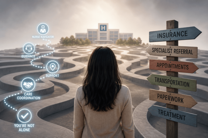 patient-navigation-marketing-navigation-gap-after-diagnosis Patient navigating a complex healthcare journey with digital guidance, care coordination, insurance approvals, specialist referrals, and a hospital in the background.