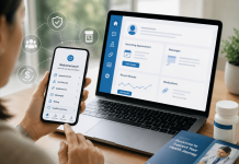 The Patient Portal Mandate: Pharma’s Next Marketing Frontier Healthcare professional and patient using a secure patient portal on a laptop and smartphone to manage appointments, medications, lab results, and digital health communications.