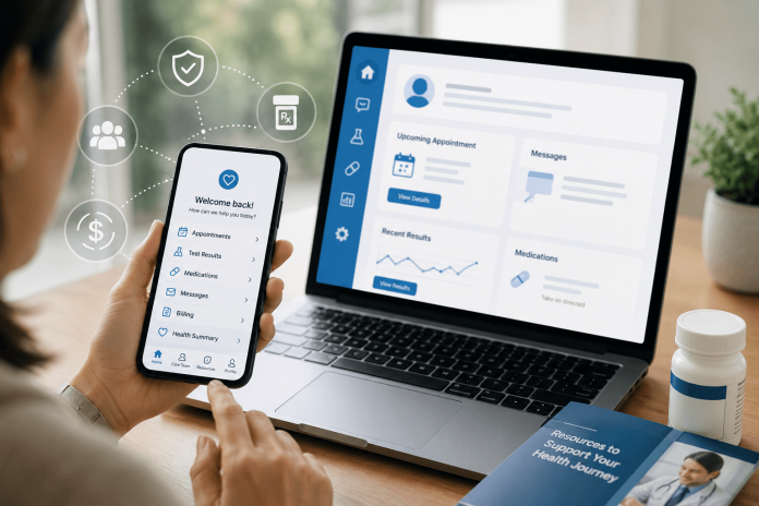 patient-portal-pharma-marketing Healthcare professional and patient using a secure patient portal on a laptop and smartphone to manage appointments, medications, lab results, and digital health communications.