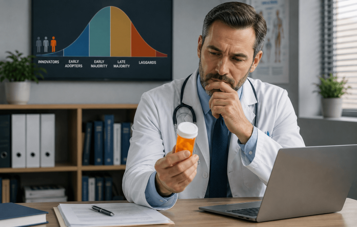 pharma-adoption-strategy-doctor-prescribing-behavior Physician evaluating treatment options while reviewing clinical evidence before prescribing a new pharmaceutical therapy.