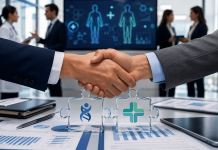 The Co-Promotion Collision: When Great Brands Become Bad Partners Two pharmaceutical executives shake hands during a co-promotion partnership meeting while clinical data and healthcare analytics are displayed on a digital screen in the background.