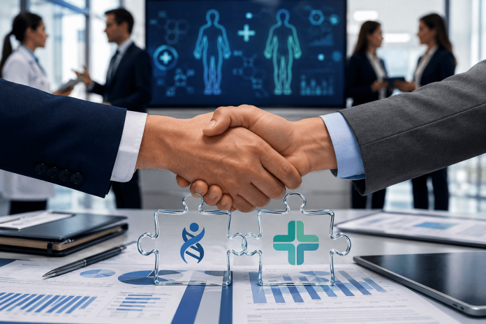 pharma-co-promotion-strategy-brand-partnership Two pharmaceutical executives shake hands during a co-promotion partnership meeting while clinical data and healthcare analytics are displayed on a digital screen in the background.
