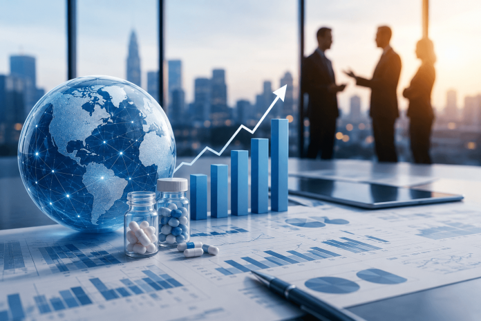 Pharmaceutical executives reviewing commercial performance metrics and market growth charts during a corporate strategy meeting, illustrating how marketing and corporate reputation influence investor confidence.