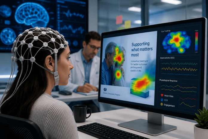 Researcher using EEG and eye-tracking technology to evaluate emotional engagement with a pharmaceutical marketing campaign in a modern neuroscience laboratory.