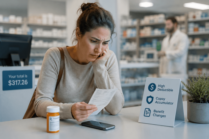 pharma-patient-loyalty-programs-financial-adherence Patient reviewing unexpected prescription costs at a pharmacy while highlighting the importance of pharma patient loyalty programs and financial support to improve medication adherence.