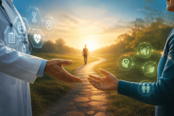 Healthcare professional supporting a long-term survivor after advanced cell and gene therapy, illustrating post-treatment patient engagement, survivorship care, and real-world evidence collection.