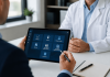 The Death of the Static IVA: Designing Sales Aids for the Three-Minute HCP Conversation Pharmaceutical sales representative using a modular digital sales aid on a tablet during a brief meeting with a healthcare professional.