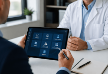 The Death of the Static IVA: Designing Sales Aids for the Three-Minute HCP Conversation Pharmaceutical sales representative using a modular digital sales aid on a tablet during a brief meeting with a healthcare professional.