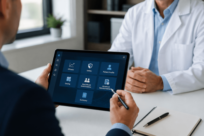 sales-enablement-ux-three-minute-hcp-conversation Pharmaceutical sales representative using a modular digital sales aid on a tablet during a brief meeting with a healthcare professional.