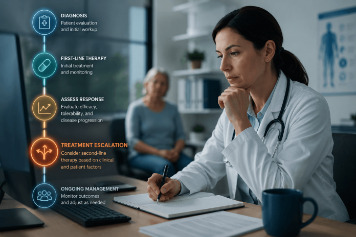 second-line-therapy-marketing-treatment-escalation Physician reviewing patient treatment progression while evaluating second-line therapy options during a clinical care decision.