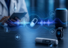 The Sound of Trust: Why Audio May Become Pharma’s Most Powerful Brand Asset Healthcare professional using a digital tablet with audio waveforms connecting a smart speaker, wearable device, medication, and connected health technology, illustrating sonic branding in pharma.
