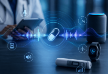 The Sound of Trust: Why Audio May Become Pharma’s Most Powerful Brand Asset Healthcare professional using a digital tablet with audio waveforms connecting a smart speaker, wearable device, medication, and connected health technology, illustrating sonic branding in pharma.
