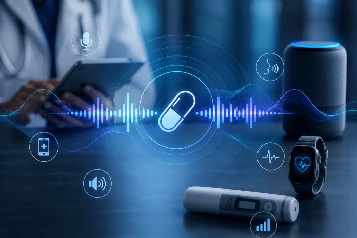 Healthcare professional using a digital tablet with audio waveforms connecting a smart speaker, wearable device, medication, and connected health technology, illustrating sonic branding in pharma.