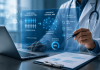 The In-Silico Sell: Can Pharma Convince Doctors to Trust AI-Generated Clinical Evidence? Doctor reviewing AI-generated synthetic control arm clinical trial data on a transparent digital interface to evaluate evidence for pharmaceutical decision-making.