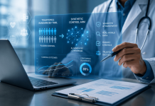 The In-Silico Sell: Can Pharma Convince Doctors to Trust AI-Generated Clinical Evidence? Doctor reviewing AI-generated synthetic control arm clinical trial data on a transparent digital interface to evaluate evidence for pharmaceutical decision-making.