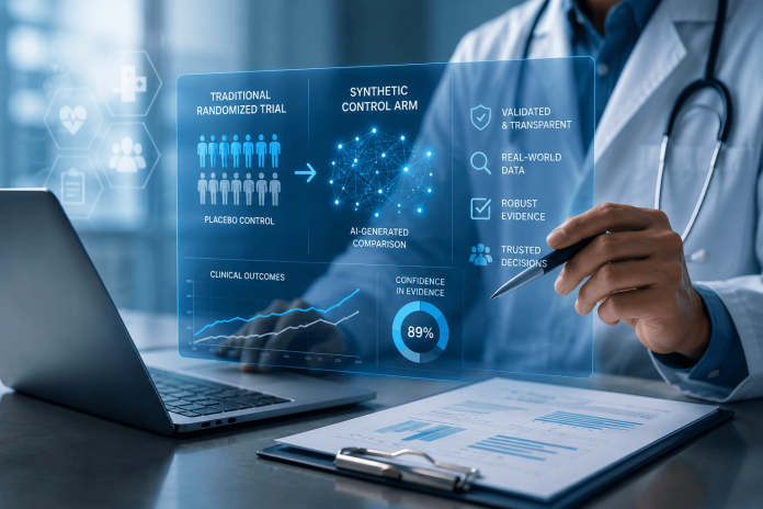 synthetic-control-arm-marketing-ai-clinical-evidence Doctor reviewing AI-generated synthetic control arm clinical trial data on a transparent digital interface to evaluate evidence for pharmaceutical decision-making.