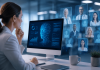 Could AI Replace the Pharma Focus Group? Pharmaceutical marketing professional analyzing AI-generated patient and healthcare provider personas on a digital dashboard to test campaign messaging before focus group research.