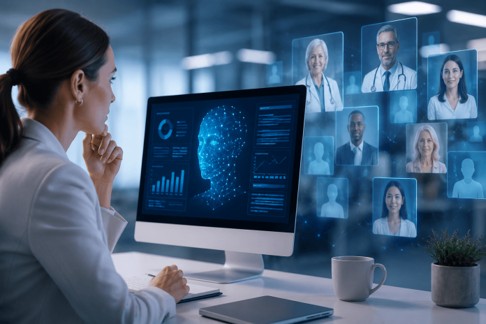 synthetic-data-marketing-ai-pharma-focus-group Pharmaceutical marketing professional analyzing AI-generated patient and healthcare provider personas on a digital dashboard to test campaign messaging before focus group research.