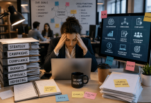 The Impossible Job: Why Pharma Brand Managers Are Being Asked to Do Too Much Overwhelmed pharmaceutical brand manager managing AI tools, compliance workflows, omnichannel campaigns, and cross-functional collaboration in a modern office.