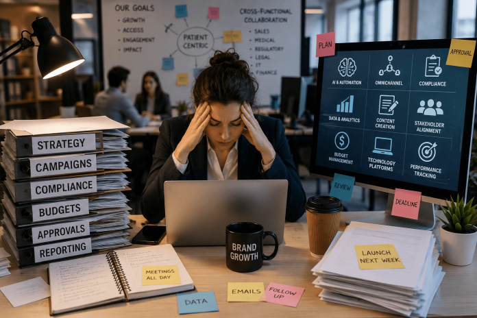 the-impossible-job-pharma-marketing-operations-brand-manager Overwhelmed pharmaceutical brand manager managing AI tools, compliance workflows, omnichannel campaigns, and cross-functional collaboration in a modern office.