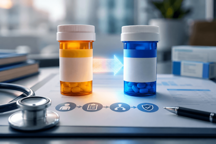 therapy-switching-strategy-pharma-marketing Healthcare professional reviewing treatment options as a patient transitions between prescription therapies, illustrating a therapy switching strategy in pharmaceutical marketing.
