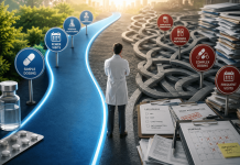 The Simplicity Advantage: Why the Best Drug Doesn’t Always Win Healthcare professional comparing a streamlined treatment pathway with a complex clinical workflow, illustrating how treatment simplicity influences pharmaceutical adoption and prescribing decisions.