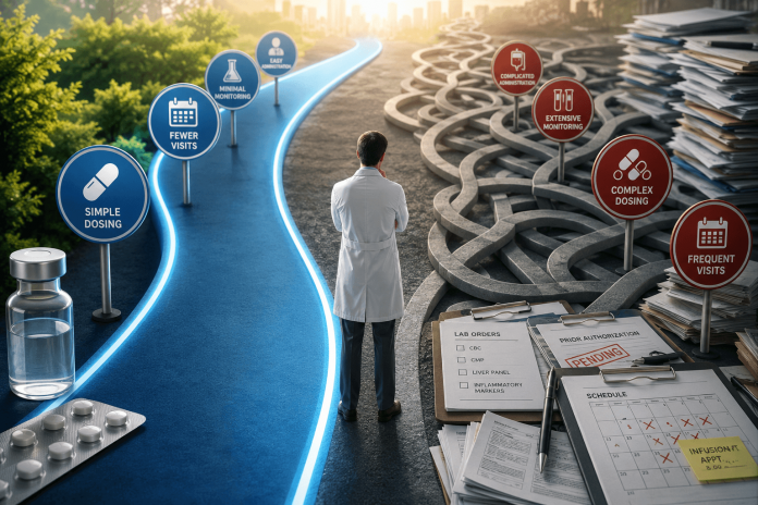 treatment-simplicity-marketing-drug-adoption-workflow Healthcare professional comparing a streamlined treatment pathway with a complex clinical workflow, illustrating how treatment simplicity influences pharmaceutical adoption and prescribing decisions.