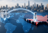 Imported Success: Why Global Pharma Brands Often Stall in America Global pharmaceutical product entering the U.S. market with medicine vials, world map, and American healthcare commercialization concept.