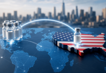 Imported Success: Why Global Pharma Brands Often Stall in America Global pharmaceutical product entering the U.S. market with medicine vials, world map, and American healthcare commercialization concept.