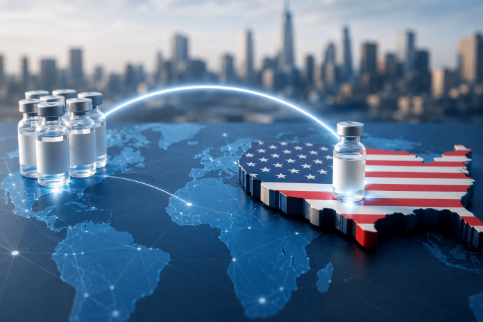 us-pharma-market-entry-global-drug-commercialization Global pharmaceutical product entering the U.S. market with medicine vials, world map, and American healthcare commercialization concept.
