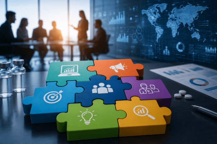 why-pharma-agency-models-are-replacing-the-traditional-aor Pharmaceutical marketing leaders collaborating with specialist agency partners using AI-powered analytics and omnichannel marketing dashboards.