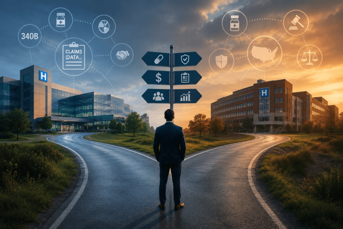 340b-pharma-marketing-hospital-market-strategy Pharma marketer comparing two hospital markets shaped by different 340B pharmacy, reimbursement, claims data, and regulatory environments.