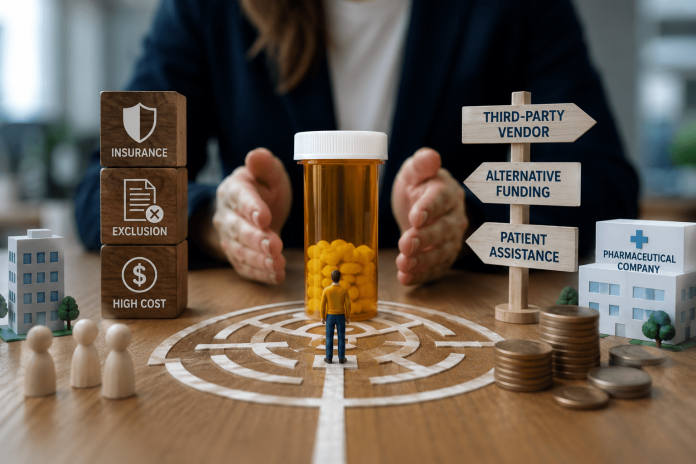 alternative-funding-programs-pharma-patient-assistance Patient navigating specialty drug access, insurance exclusions, alternative funding programs, and pharmaceutical patient assistance.