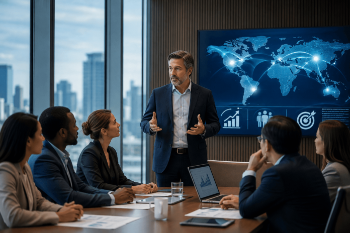 daiichi-sankyo-pharma-commercialization-strategy Pharmaceutical commercial leadership team discussing a global pharma commercialization strategy in a corporate meeting.