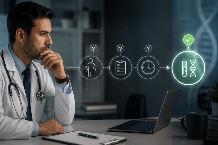 diagnostic-inertia-strategy-biomarker-testing Physician considering a diagnostic pathway before ordering advanced biomarker and genomic testing