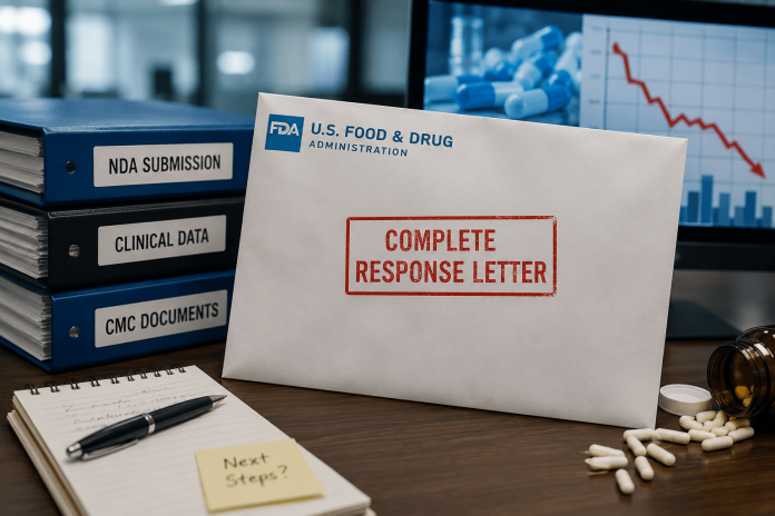 fda-complete-response-letters-pharma-marketing FDA Complete Response Letter on a pharmaceutical regulatory desk with clinical data and drug application documents