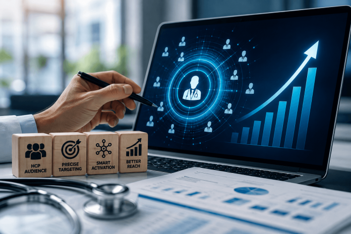 hcp-audience-targeting-physician-reach HCP audience targeting dashboard illustrating precise physician targeting, smart activation, and increased healthcare professional reach.